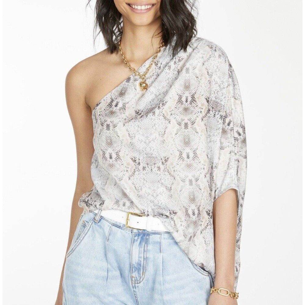 Generation Love Gray Pink Snake Leah Drape One-Shoulder Blouse NEW $185 Women XS